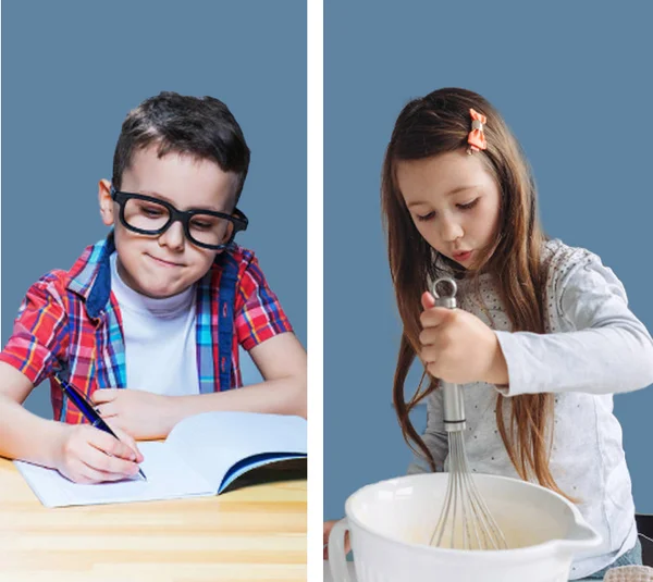 Gegenüberstellung: linke Seite ein junge der Liest, rechte Seite ein Mädchen das kocht