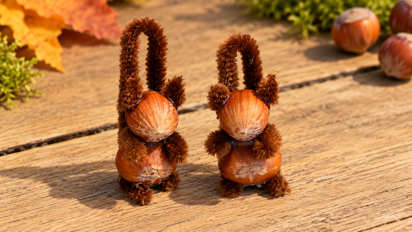 Handgemachte Haselnuss-Waldtiere im Herbstlicht