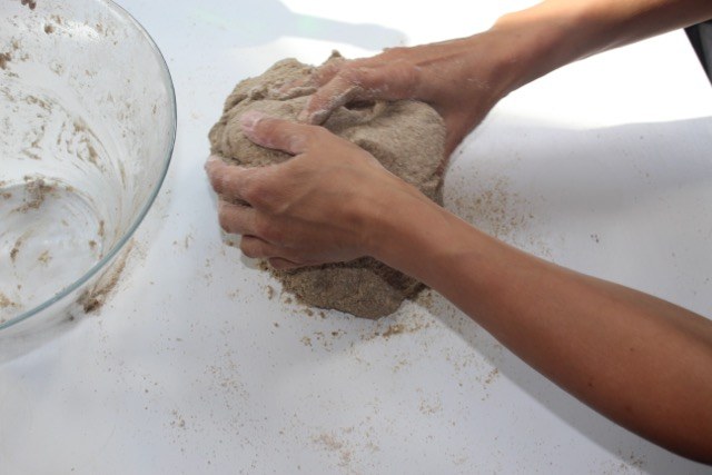 Sauerteig wird mit den Händen geknetet.