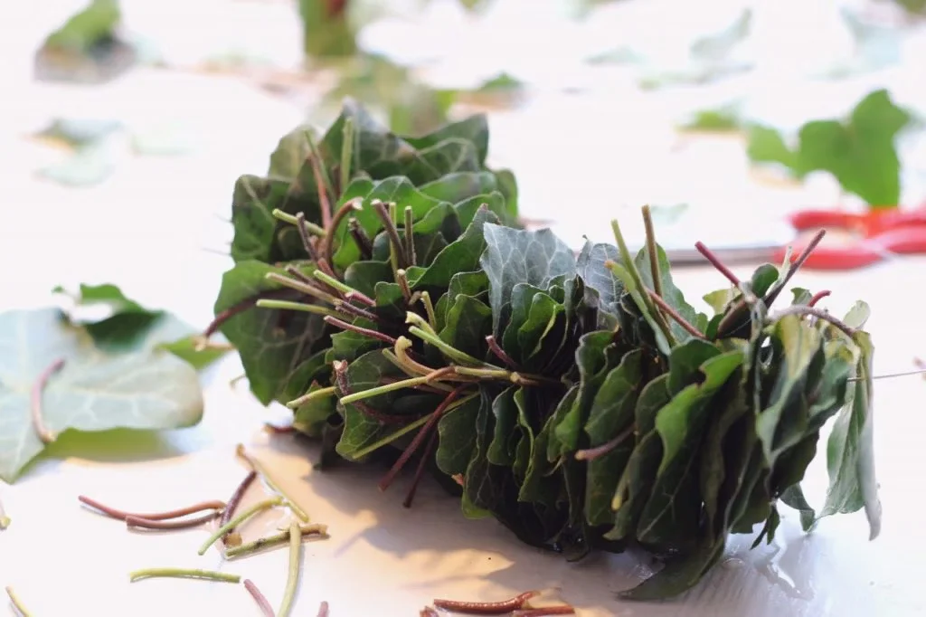 Efeu zu einem Kranz gebunden