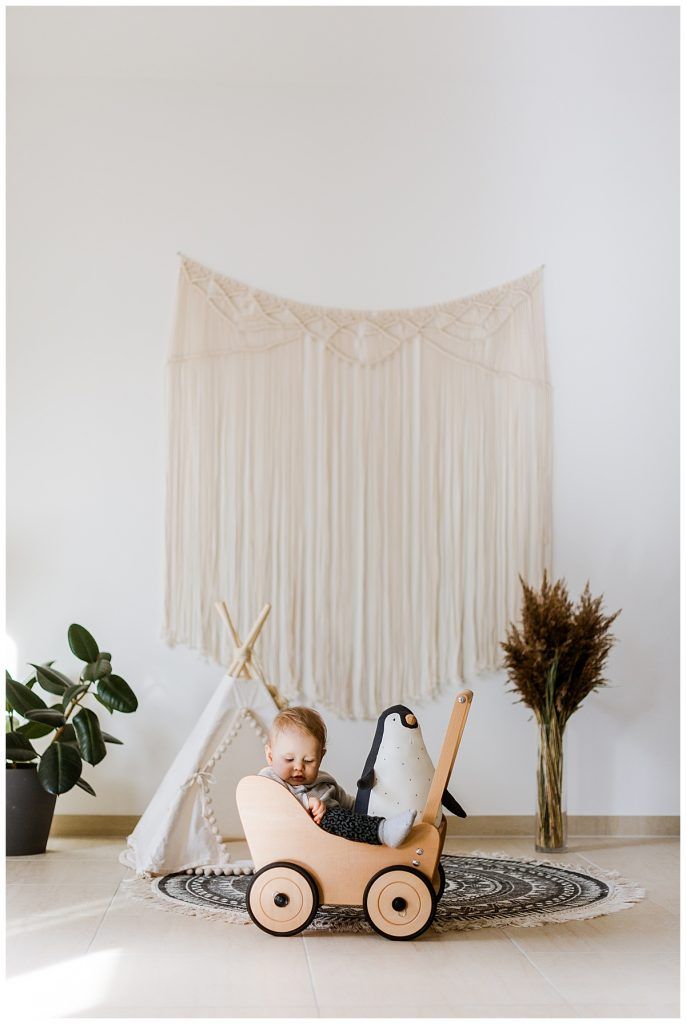 Kind sitzt im Puppenwagen mit Kuscheltier