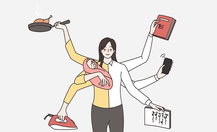 Illustration von einer Mutter mit acht Armen, die ein Baby hält und mit den anderen Armen, bügelt, kocht, telefoniert, putzt usw.
