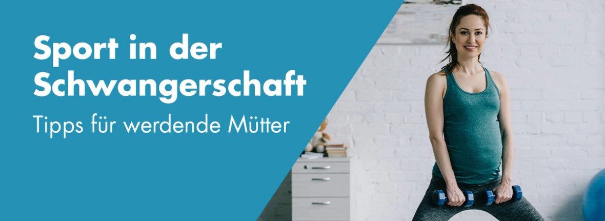 Header Bild: Schwangere rothaarige Frau mit Oberteil in blau übt sich in sportlichen Übungen.