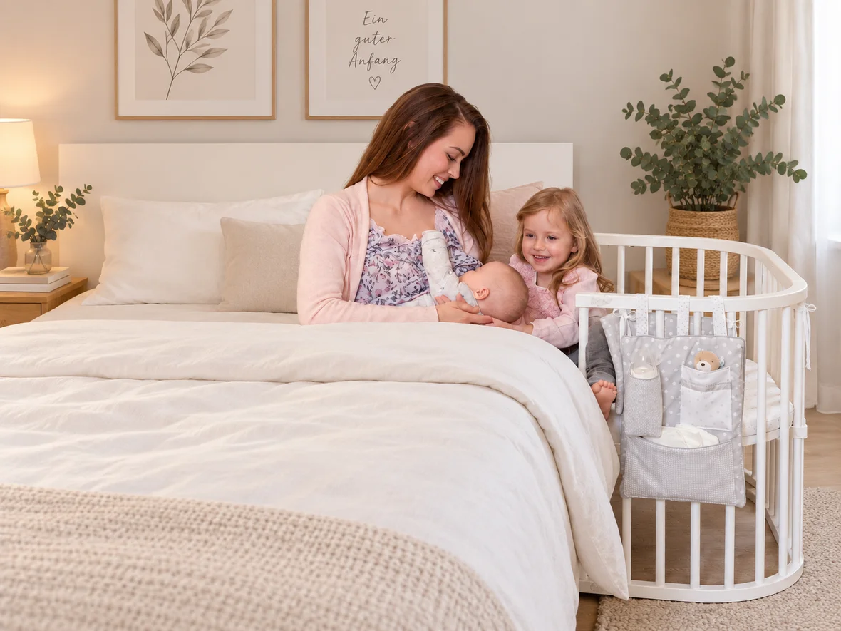 Mutter mit Baby im Bett mit Beistellbett