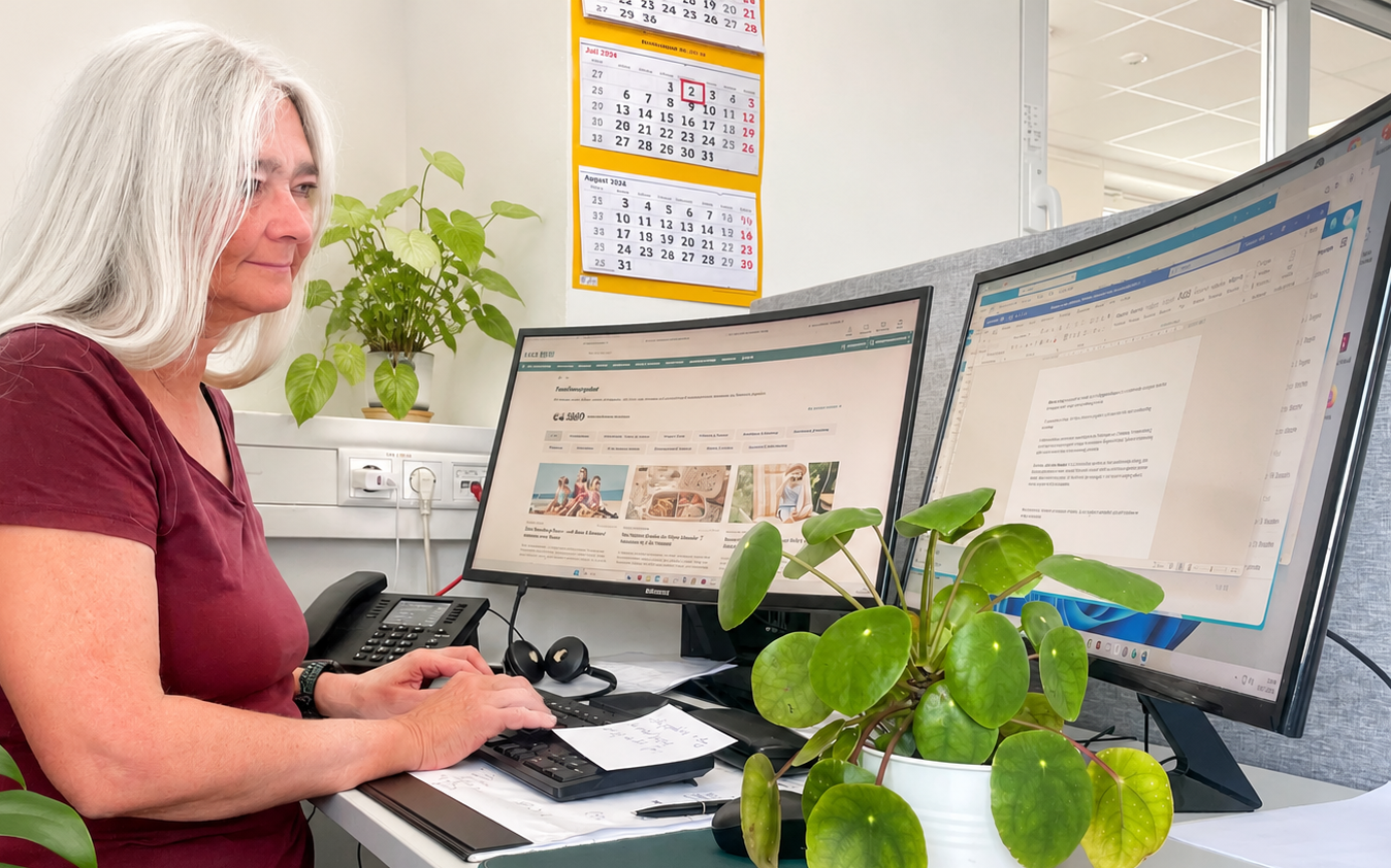 Silvia arbeitet konzentriert an ihrem Arbeitsplatz