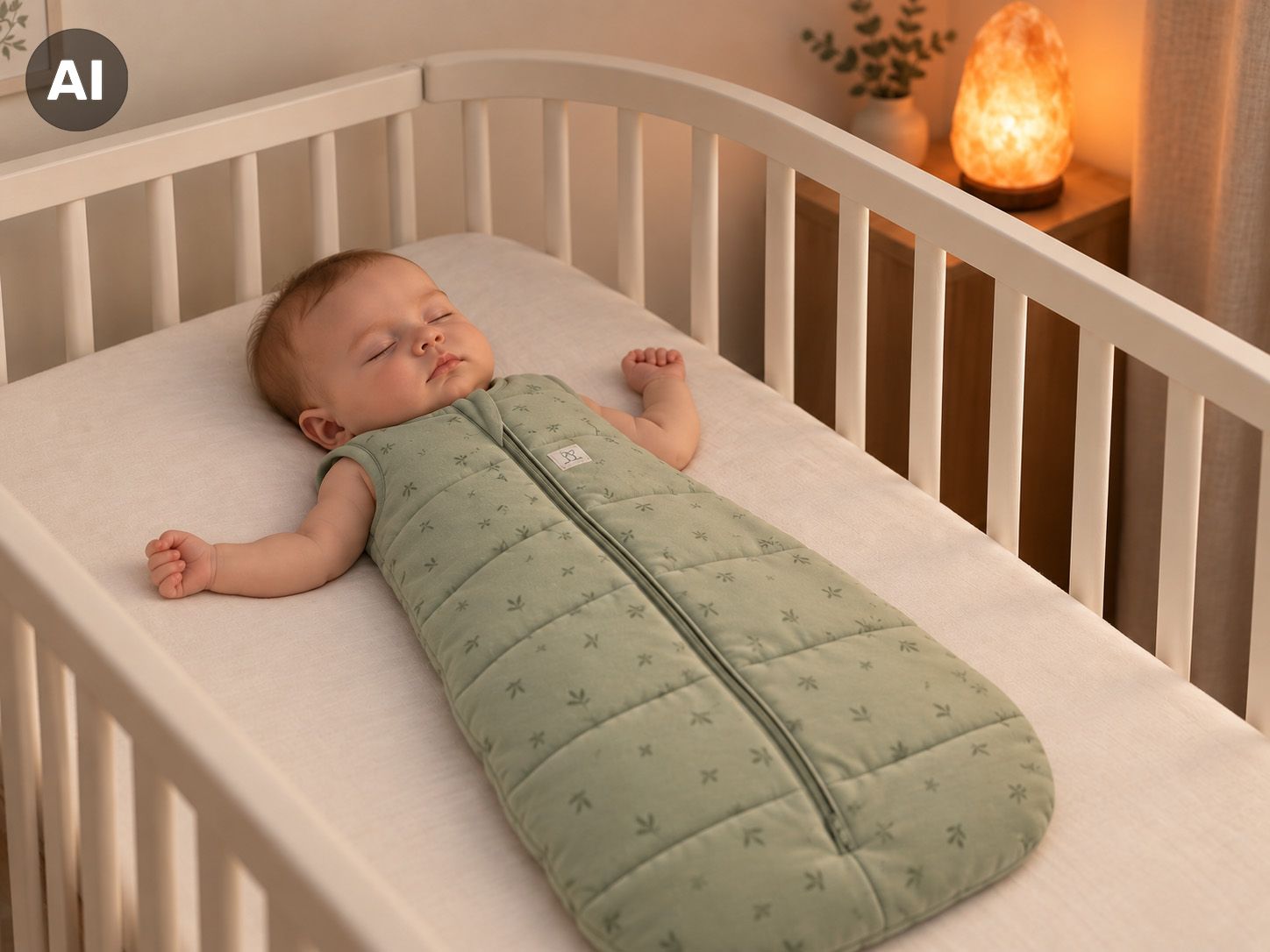 Baby im Schlafsack liegt auf dem Beistellbett