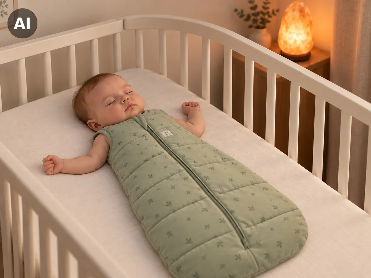 Baby im Schlafsack liegt auf dem Beistellbett