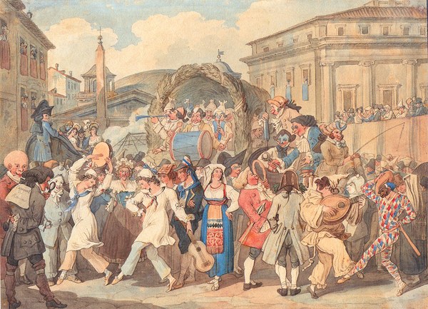 Friedrich Wilhelm Moritz (1793-1855): Bezeichnet: Carnevale di Roma. Aquarell über Bleistift. Höhe: 26; Breite: 35,5 cm. Im Hintergrund das Pantheon. Katalogausriss.