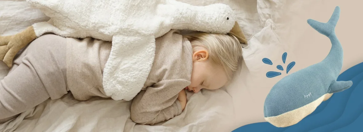 Ein Kind macht ein Nickerchen und daneben liegt eine Kuscheltier Möwe.