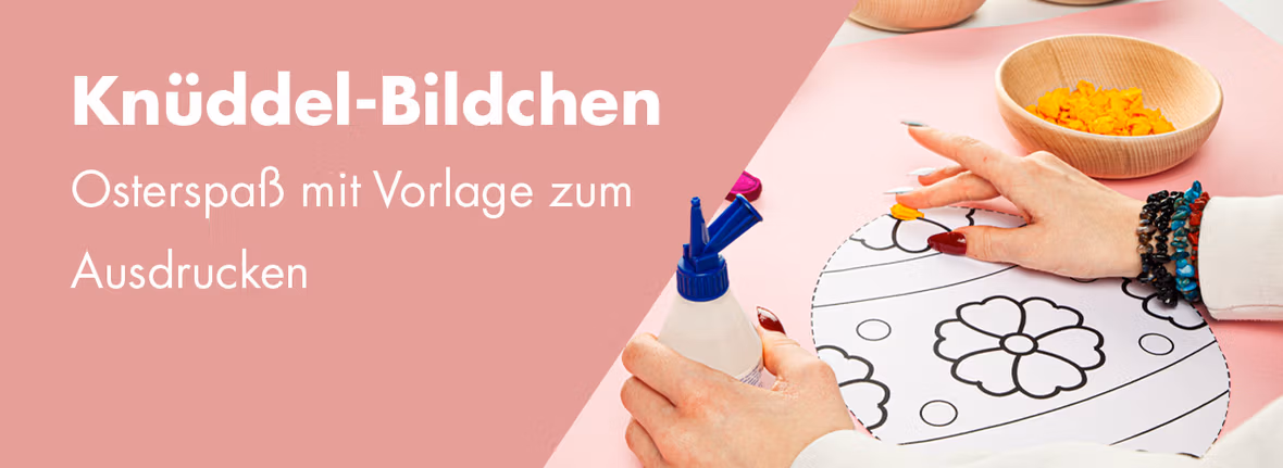 Knüddel-Bildchen Titelbild mit Foto von den Bastelsachen. Kleber, Krepp Band.