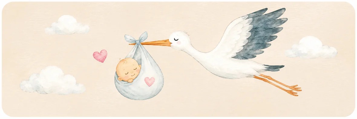 Aquarell-Illustration eines Storchs mit Baby – Sprüche zur Geburt